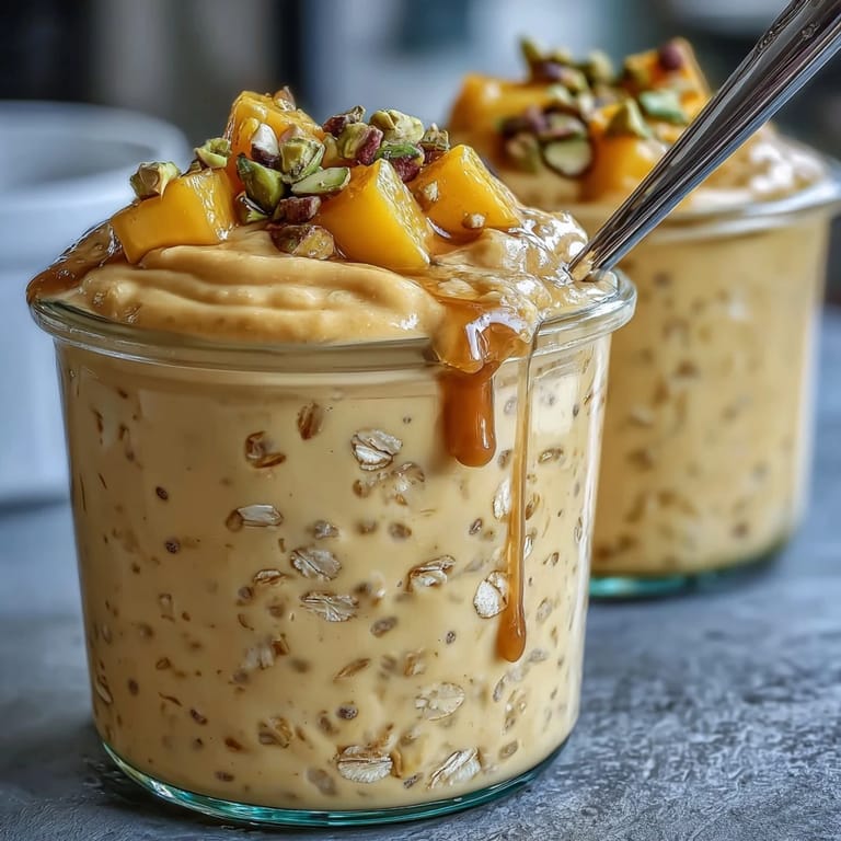 Tropical mango lassi overnight oats, blended with yogurt and cardamom, topped with diced mango and nuts.