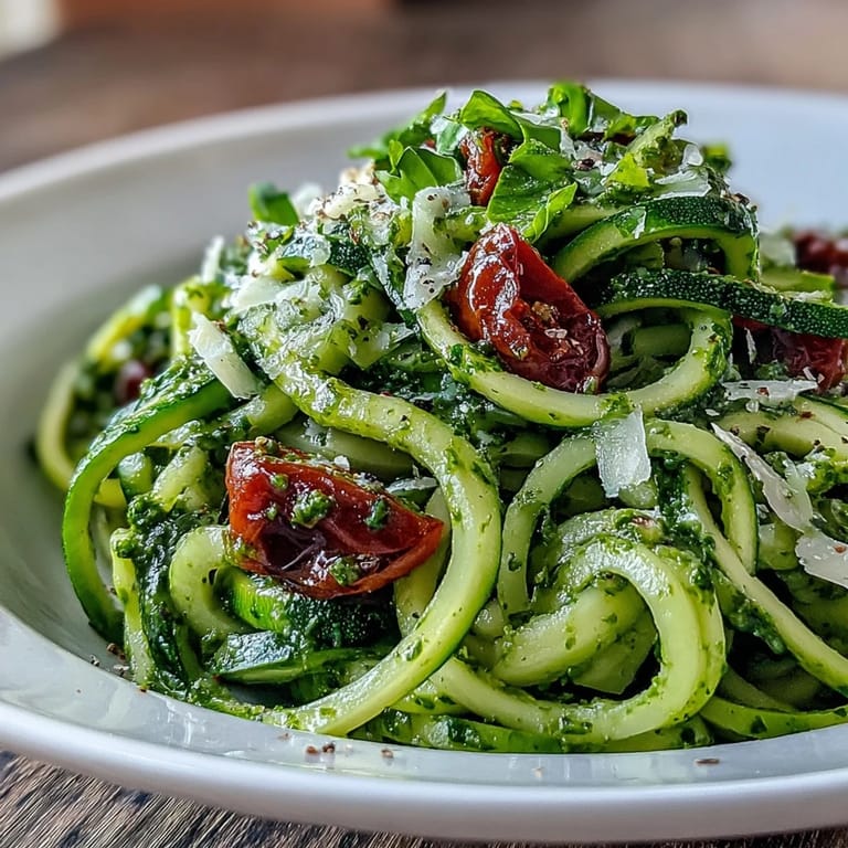 Light and refreshing zucchini noodles with creamy raw pesto, garnished with basil and Parmesan for a satisfying vegetarian meal.