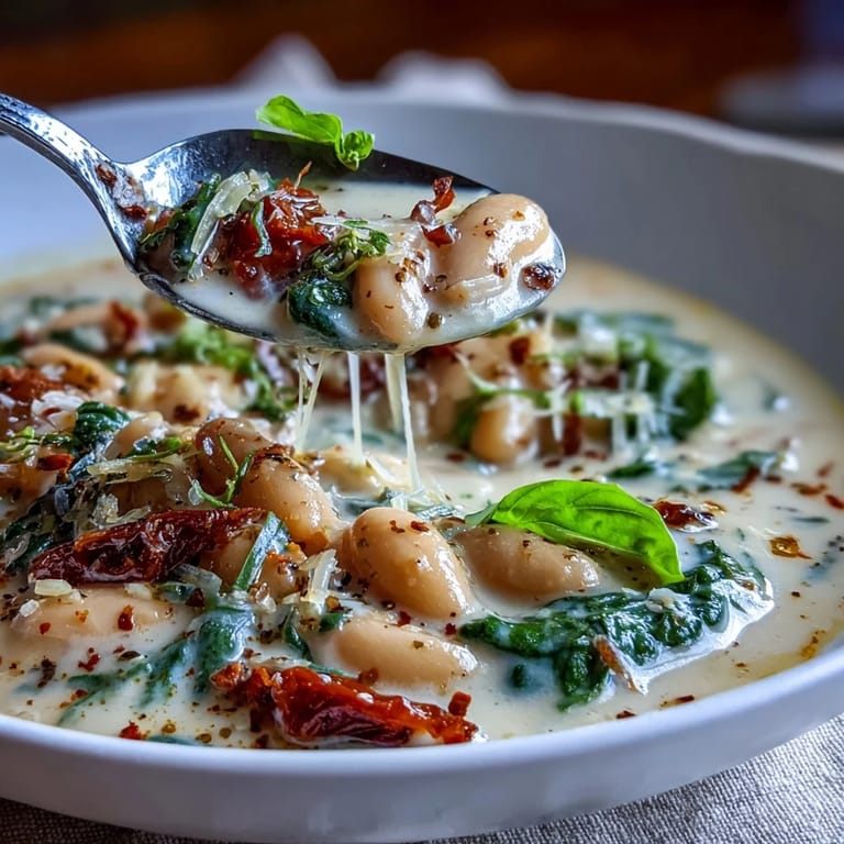 Velvety Creamy Tuscan White Bean Soup with a swirl of cream, served alongside crusty bread for a comforting Italian meal.