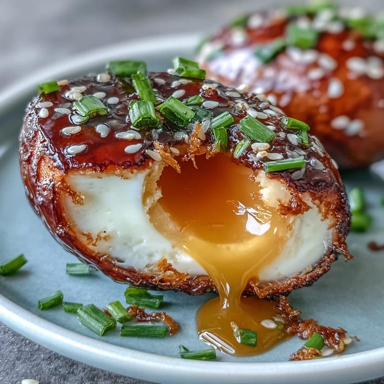 Rich and creamy Spicy Miso Marinated Eggs, infused with umami flavors, served sliced as a bold ramen topping.