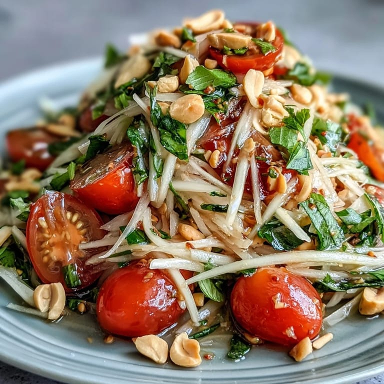 Colorful Thai Papaya Salad, a refreshing dish perfectly garnished with lime wedges.