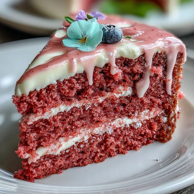 Decadent pink velvet cake with rosé wine and gold drip, perfect for parties.