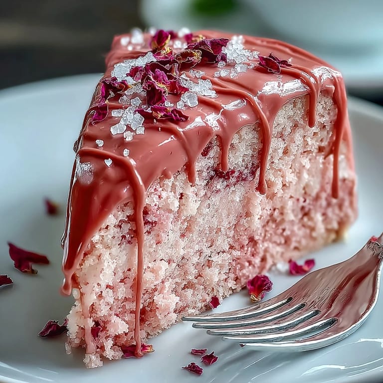 Delicious pink Bridal Shower Rosé Velvet Cake, showing off its gorgeous gold cascade.