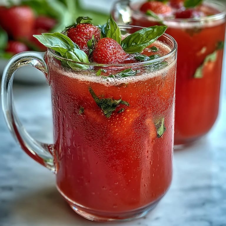 A refreshing pitcher of Strawberry Basil Lemonade with fresh fruit garnishes.