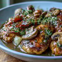 Golden brown chicken pieces braised in rosé wine with mushrooms and cream, served over buttered potatoes with fresh parsley.