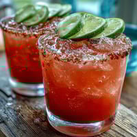 Golden-hued guava margarita in a salt-rimmed glass, garnished with a fresh lime wedge.