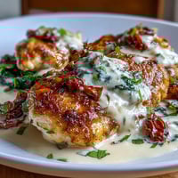 Creamy Tuscan Chicken with Sun-Dried Tomatoes in a skillet with spinach and basil.