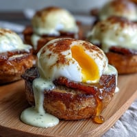 Classic Eggs Benedict with Hollandaise sauce features poached eggs and Canadian bacon on toasted English muffins, perfect for brunch.