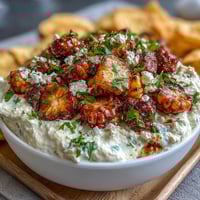 Creamy elote dip with charred corn, cotija cheese, and lime, served with crispy tortilla chips for a tangy appetizer.