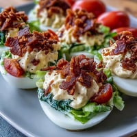 Classic BLT Deviled Eggs with crispy bacon crumbles and fresh lettuce for a flavorful, party-ready appetizer.